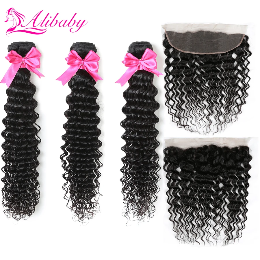 

Alibaby Brazilian Hair Weave Bundles With Frontal Deep Wave Frontal And Bundles 3 Bundles With Frontal 100% Human Hair Non Remy
