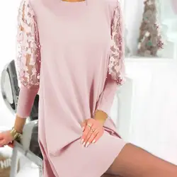 Women Dress Spring Autumn Hollow Out Puff Sleeve Embroidery Flower Chic Party Dress 2021 Simple Pure Color Straight Dress