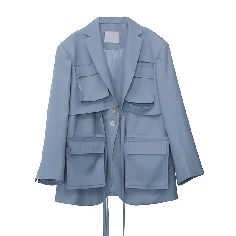 [EAM] Women Blue Spllit Pocket Big Size Trench New V-collar Long Sleeve Loose Fit Windbreaker Fashion Autumn Winter 1H264