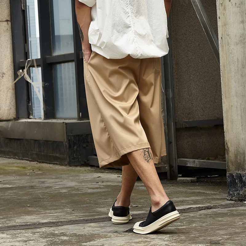 Men's new classic versatile wide leg cropped pants with elastic-waist drawstring casual baggy shorts
