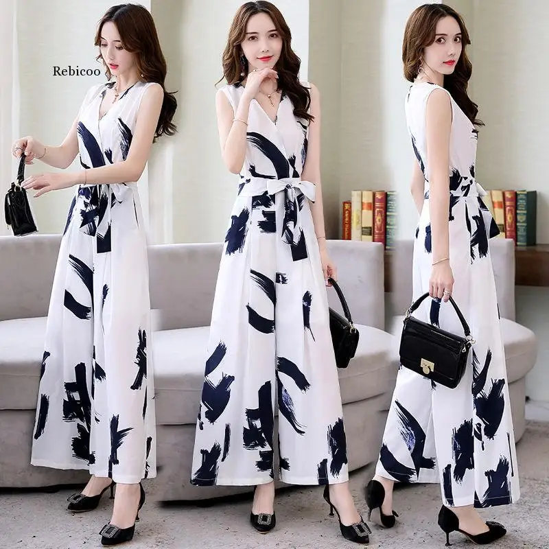 

New Women Vintage V Neck Print Chic Jumpsuits Female Siamese Sleeveless Bow Tied Sashes Wide Leg Conjoined Pants