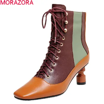 

MORAZORA 2020 Genuine leather boots fashion square toe high heels ladies shoes autumn winter ankle boots for woman