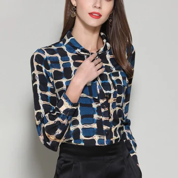 

Bogeda 2020 New ladies Tops Silk Blouse Plus Size High quality Long Sleeve Silk Print Office Blouses Casual Blue