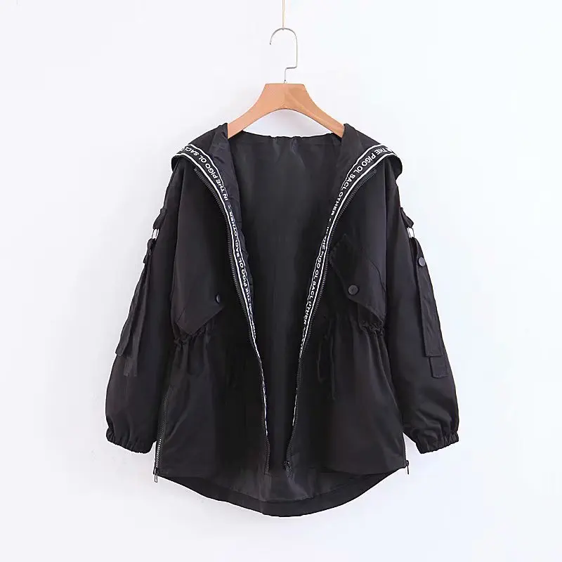 R4651-18008 Large Size Middle Long Coat Hooded Lettered Drawstring Loose-Fit Trench Coat