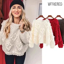 Withered sweaters women fashion blogger vintage hand knitted o-neck oversize love Jacquard weave thick pullovers sweaters women