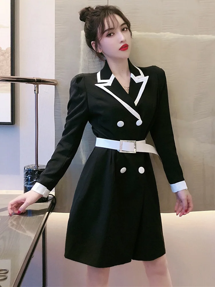 

Elegant WOMEN'S Dress-Style New Style Korean-style Suit Collar Mixed Colors Waist Hugging Slimming Double Breasted A- line Long-