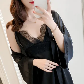 

Sexy Two Piece Rayon Robe Set Lace Silk Home Clothes for Women Nightie Sleepwear Nocturnal Female Bathrobes Women's Robes