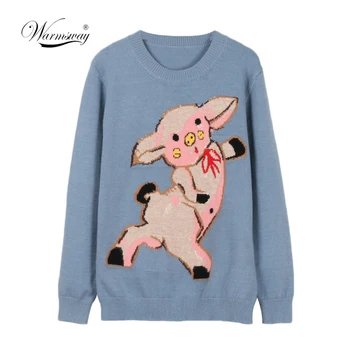 

2020 New Runway Jacquard Knitted Pullover Blue Cute Pig Pattern Sweet Knitted Sweater Fashion Jumper sueter mujer C-075