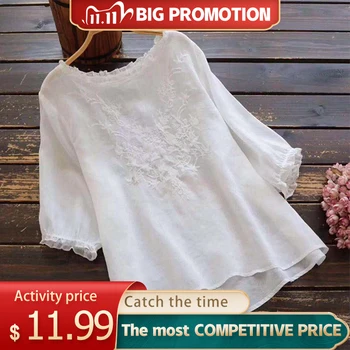 

Ruffles Floral Embroidery Women's Blouse Tops O Neck Half Sleeve Female Top 2020 Summer Vintage Casual Loose Ladies Blouses