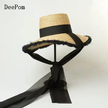 

DeePom Raffia Straw Hat With Black Ribbon Bow Summer Hats For Women Ladies Fashion Design Beach Hat Vacation Travel Tassel Brim
