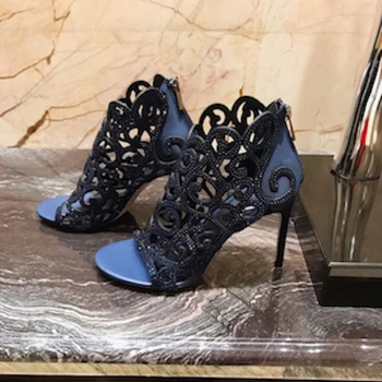 

Genuine Hapucky Women's Shoes Leather Rhinestone Print High Heels Summer Sandals Cut Outs Open Toe Women Pumps Large Size 41