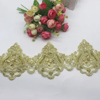 

Beading Flower Lace 3D Sequined Wedding Lace 3 Yds/Lot Gold Embroidered Trims Scalloped Lace Applique Flower Border 11CM