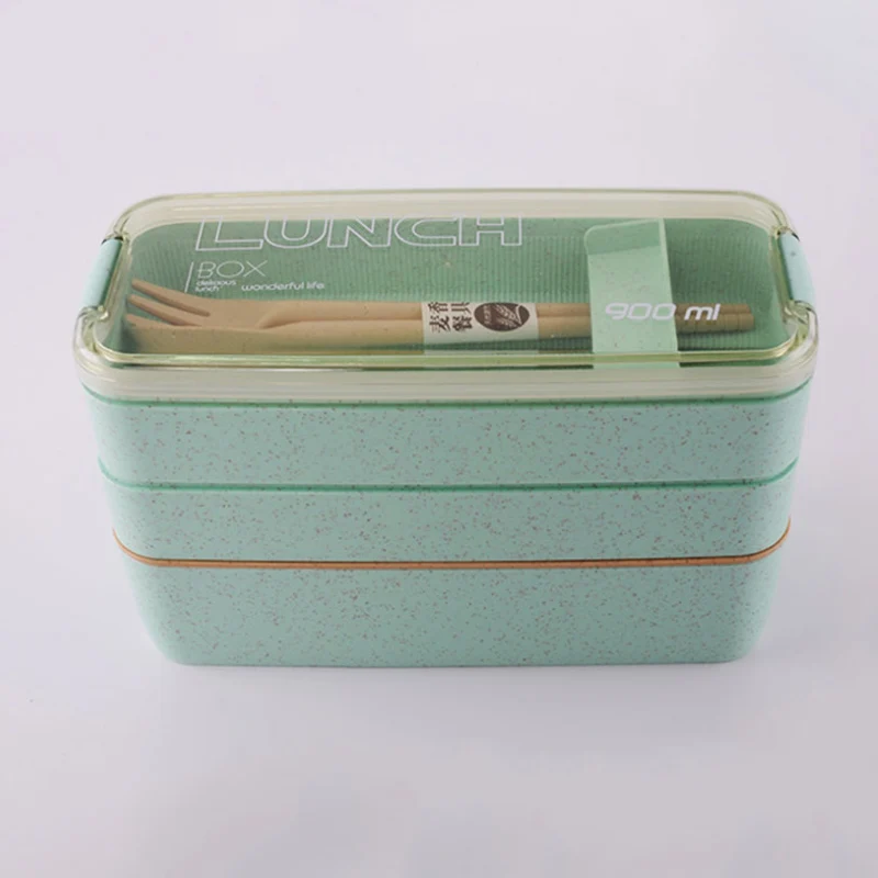 Bento Box контейнер для еды Пшеничная солома 900 мл розовый 3 слоя бежевый 1 шт. экологичный Ланч-бокс зеленый - Цвет: Mint green