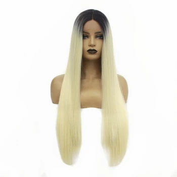 

Long Straight Wig Ombre Blonde Middle Part Heat Resistant Synthetic Lace Front Wigs For Women Hand Tied Replacement Full Wig
