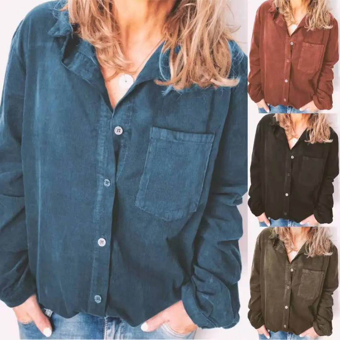 Button Down Shirt for Women 2019 Green Corduroy Autumn Winter Blouse Camisas De Invierno Mujer Blusa Verde Chemises Top Femme | Женская