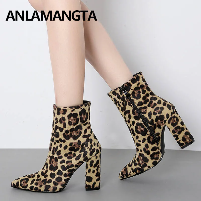 

Boots Women High Square Heels Leopard Printed Shoes Ladies 2020 Spring Fashion Ankle Boots Pointy Toe Zipper Sexy Party Shoes
