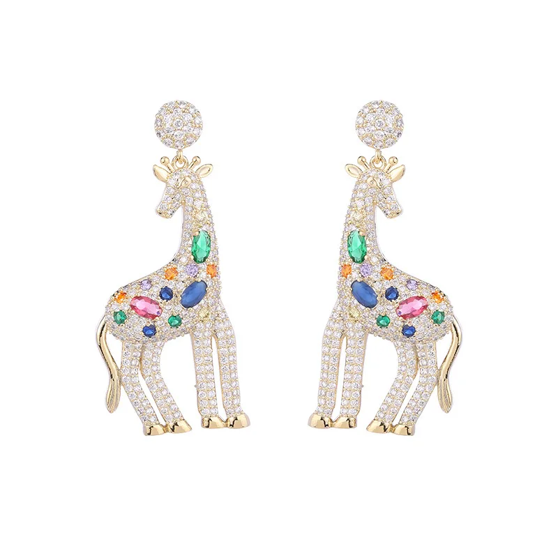 Cute Giraffe Dangle Earrings Micro Pave Cubic Zirconia Temperament Animal Pendant Eardrop 925 Silver Needle Luxury Jewelry