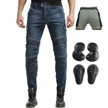 

2019 Kevlar Men Motorcycle Riding Jeans Biker Pants Motocross Racing Jeans With 4 X Upgrade CE Armor Knee Hip Pads Blue S-3XL