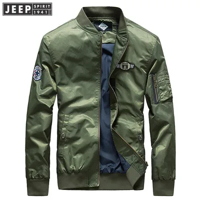 JEEP SPIRIT/Осенняя куртка-бомбер для мужчин, фирменная новинка, бейсбольная куртка, однотонная мужская куртка, куртки и пальто chaqueta hombre - Цвет: Армейский зеленый