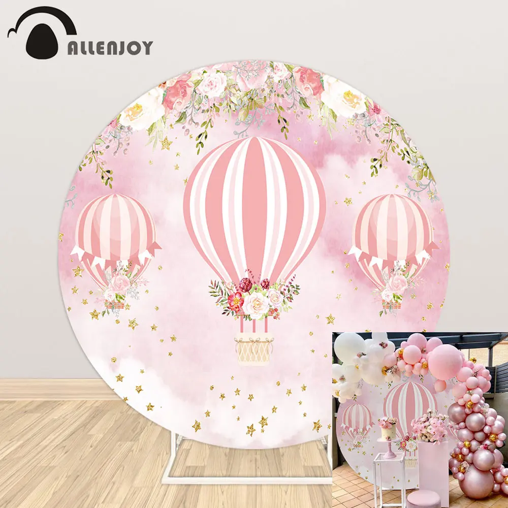 Allenjoy Hot Air Balloon Round Backdrop Cover Little Pink Girl Floral Cloudy Stars Birthday Party Photo Background Photophone |