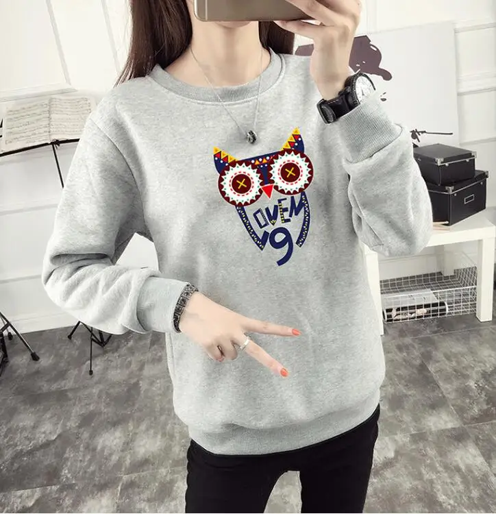 light gray Новое поступление осень зима Женская Толстовка Мода 23 Цвета Плюс Размер Свободный милый сова Толстовка-пуловер с принтом пальто - Цвет: light gray