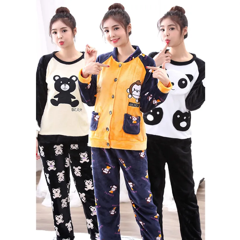 

Autumn and Winter Women Pyjamas Sets Thick Warm Coral Velvet Suit Flannel Long Sleeve Female Cartoon Bear Animal Pants Sleepwear