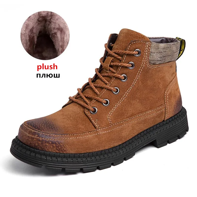 UEXIA High Quality leather Men Shoes Winter Ankle Riding Boots Plush Warm Outdoor Working Snow Zapatillas Hombre Footwear Boot - Цвет: Fur brown
