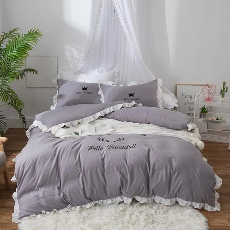 Всесезонное универсальное постельное белье из 4 предметов, стираное хлопковое постельное белье с вышивкой в виде короны, красивая кружевная простыня, пододеяльник