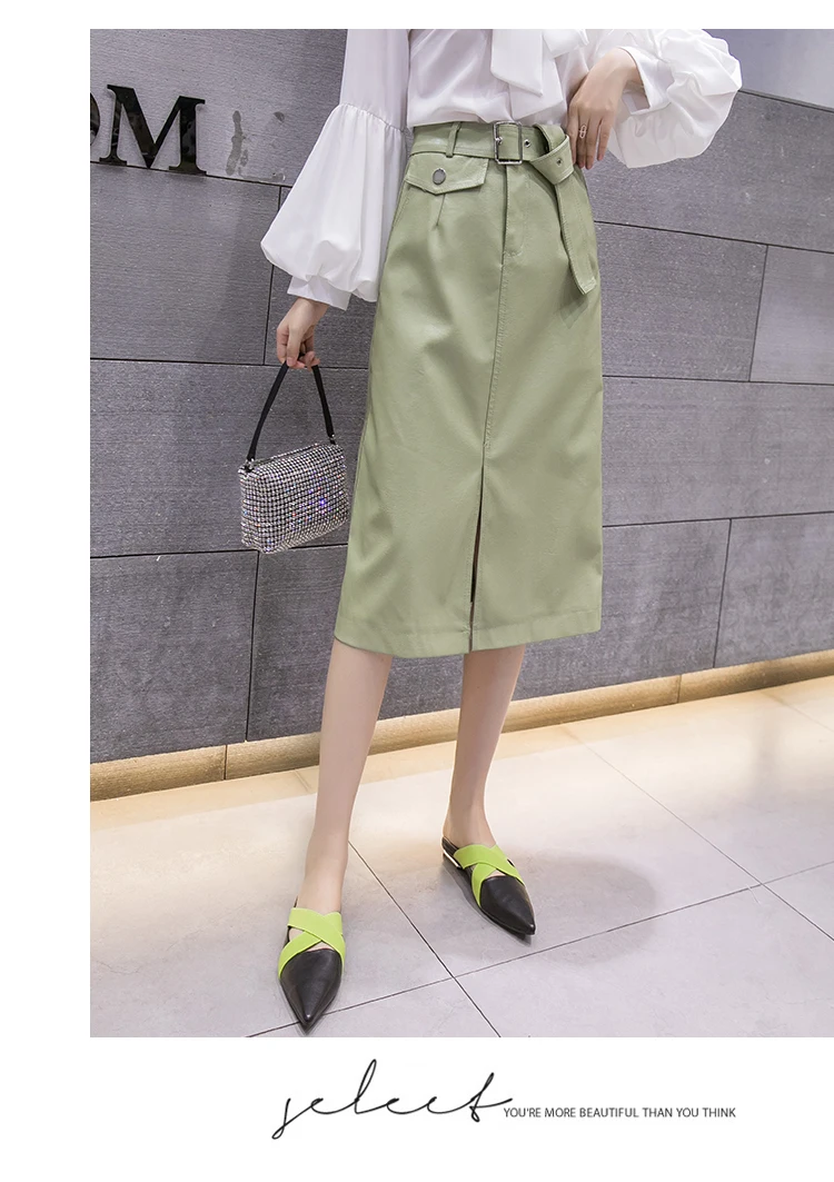 REALEFT New Midi PU Leather Skirts Fashionable Midi Skirt With Pocket Slash Bottom Split Women Casual Skirts Female