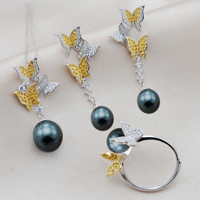 Black Pearl Set MeiBaPJ, 925 пробы, серебряная бабочка, Модный Ювелирный Набор, натуральный черный жемчуг, подвеска, кольцо, серьги, свадебные ювелирные изделия для женщин - Цвет камня: Black Pearl Set