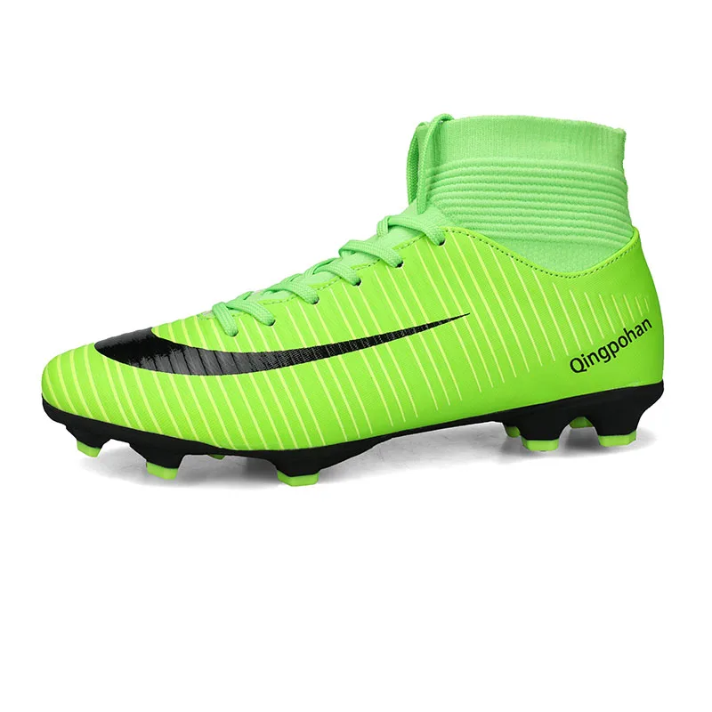 Высокие футбольные бутсы мужские Профессиональные бутсы тренировочный спортивный мужские кроссовки TF/AG подошва футбольная обувь Chuteira Futebal - Цвет: green long spikes
