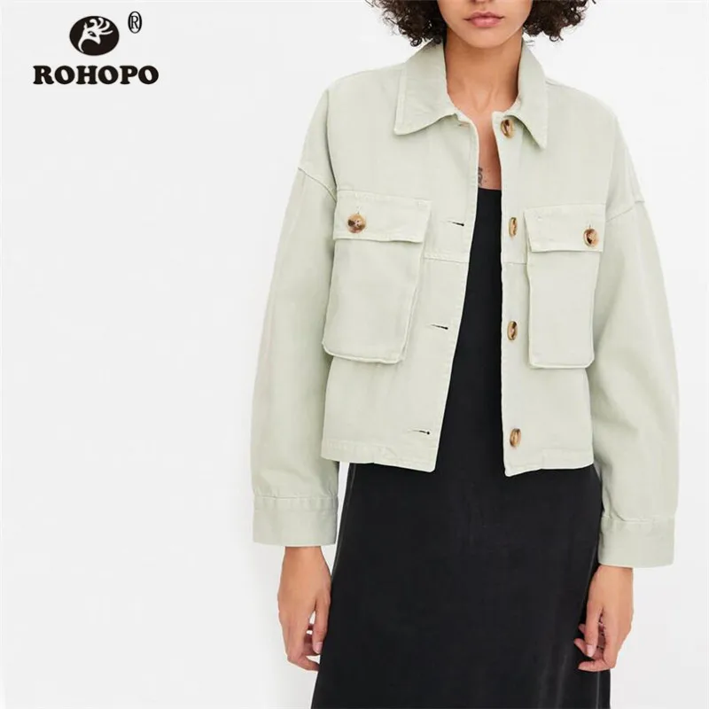 

ROHOPO Woman Autumn Solid Pockets Cotton Jacket Chif Ladies Short Windbreaker Outwear #469