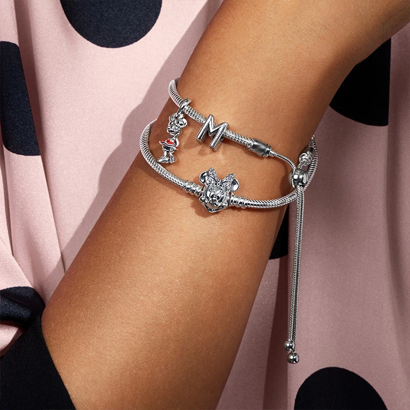 Новые посеребренные очаровательные браслеты с милым Микки-Маусом, змеиная цепочка, подходящие к тонким базовым браслетам для женщин, модные очаровательные бусины, ювелирное изделие своими руками