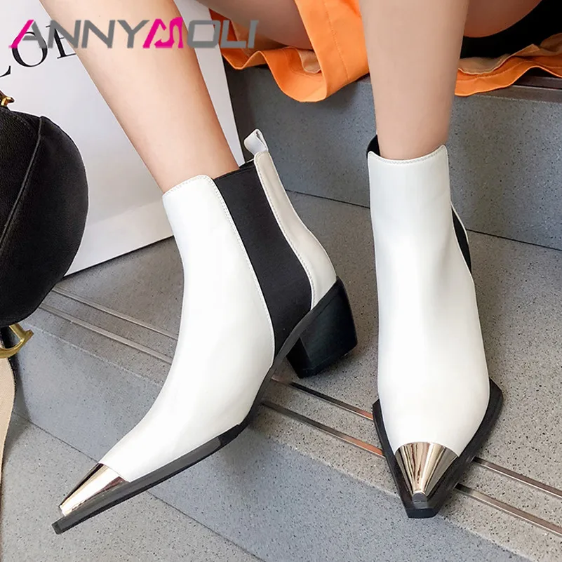 

FOREADA Real Leather Chelsea Boots Woman Med Heel Ankle Boots Pointed Toe Short Boots Chunky Heel Ladies Shoes Autumn Winter