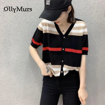

V-Neck Ice silk Knitting Cardigans KM143 Striped Fashion Short Sleeve Women Outerwear Single Breasted Female Cardigan 2020