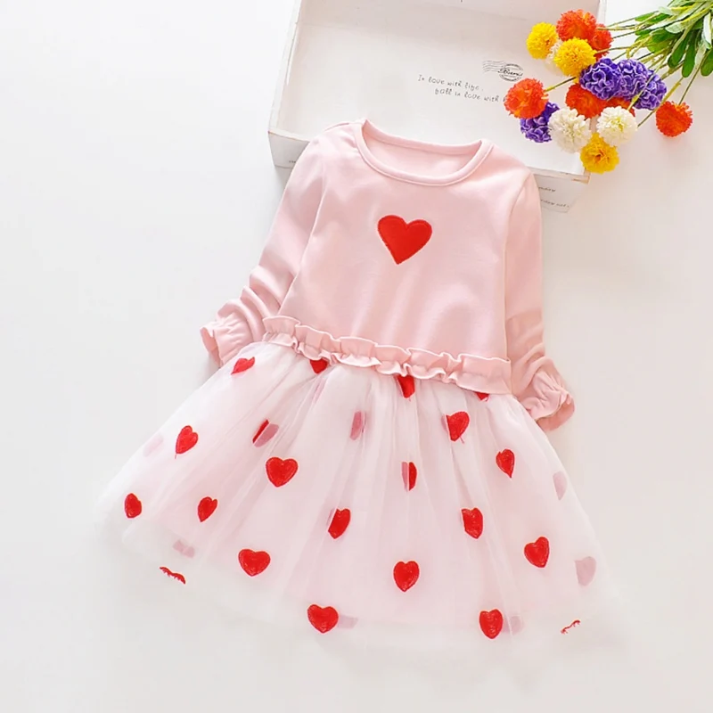 

Spring Autumn Girl Dress 1-8 Years Baby Kids Girls Heart Print Long Sleeve Dress Sweet Cotton Comfortable Toddler Mesh Dresses