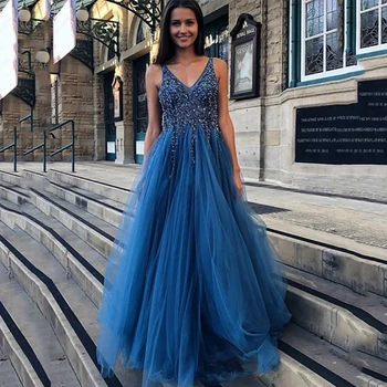 

Eightree A-Line Formal Evening Dress Beading Sparkly V Neck Prom Dresses Backless Long Evening Party Gown Robe de Soiree