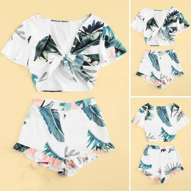 Летний женский модный комплект из 2 предметов короткий топ с цветочным принтом и