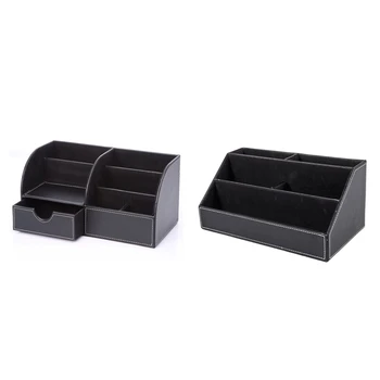 

Home Office Wooden Struction Leather Multi-Function Desk Stationery Organizer Storage Box, Pen/Pencil (Black) & 7 Storage Compar