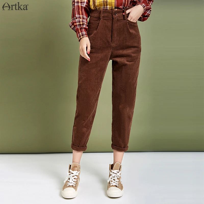 ARTKA Autumn Winter New Women Pants Vintage High Waist Casual Pants Loose Corduroy Harem Pants Women Trousers KA10191Q