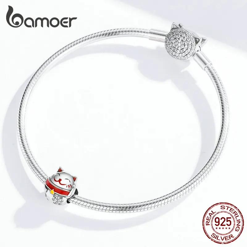 BAMOER S925 Sterling silver dangle charm Enamel Happy Cat With CZ Fit Bracelet 