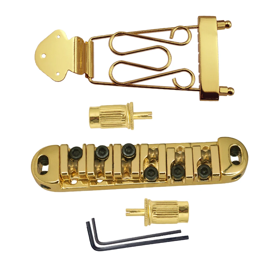 1 Pack Zinc Alloy Jazz Guitar String Tailpiece with Roller Saddle Bridge Golden/Black Saddle, Gold