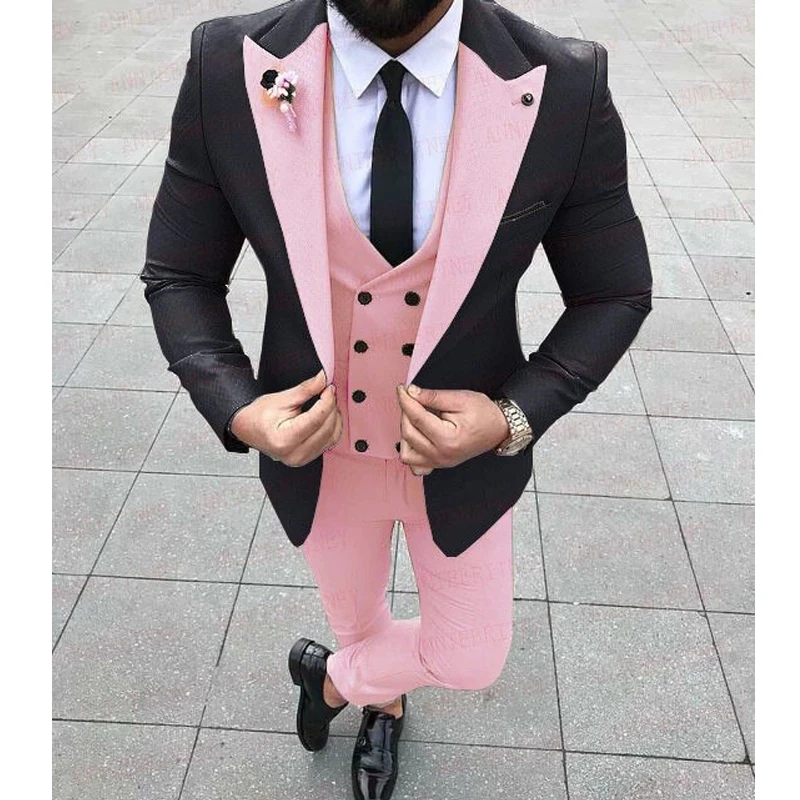 Trajes de solapa de pico negro hombre, chaleco de pantalón rosa, traje para boda, novio, 3 - AliExpress