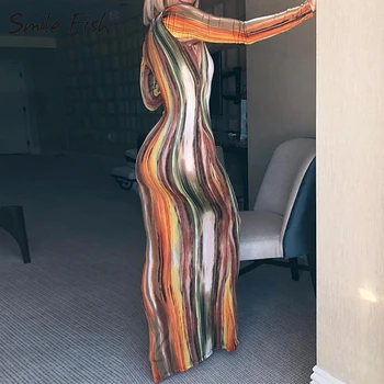 

Plunged V-neck Women Sexy Club Skinny Robe Multicolor Maxi Long Pencil Dress 2020 Spring New Tie Dyed Bodycon Ladies Dress G1260