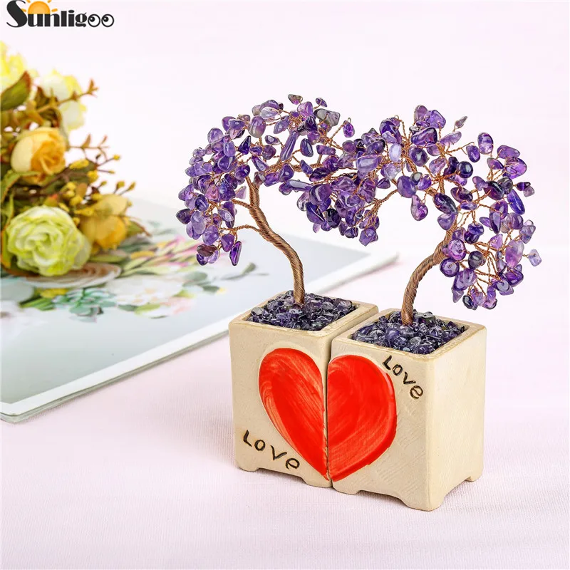 Sunligoo Gemstones Love Heart Money Tree Feng Shui Ornaments Crystal Bonsai Lucky Trees Ceramic Vase Office Desk Home Decor Gift