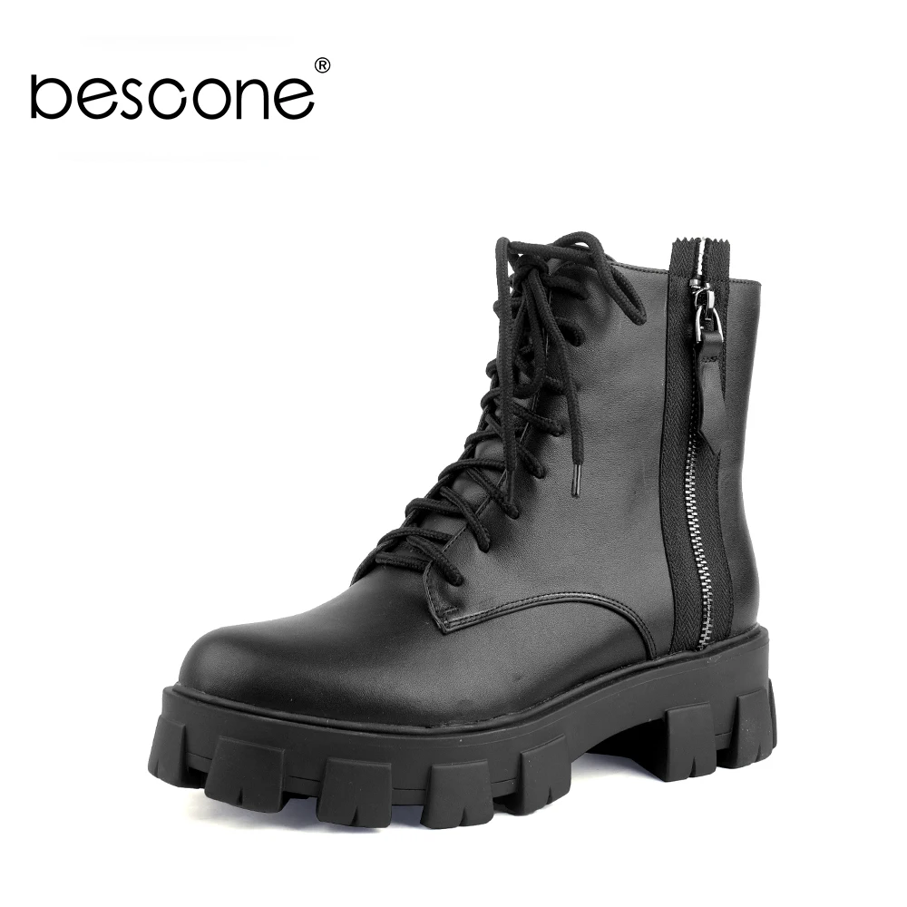 

Bescone Winter Warm Punk Style Martin Ankle Boots Woman Genuine Leather Black Round Toe Platform High Square Heel Shoes BC826