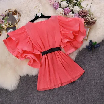 

Women Stylish O-neck Ruffled Flare Sleeve Belted Waist Pleated Blouse Top