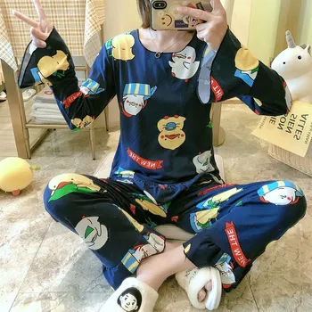 

2020 Autumn Winter Women Spring Sleepwear Wave Dot Print Long Sleeved Female Tops + Women's Long Pants Two pieces Sets