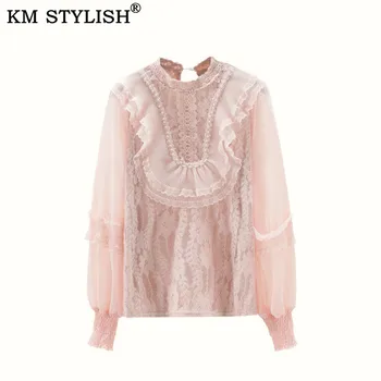 

Women Sweet Lace Top and Blouses 2019 Feminine White Pink Apricot Blouse Stylish Lantern Long Sleeve Shirt Women's clothing