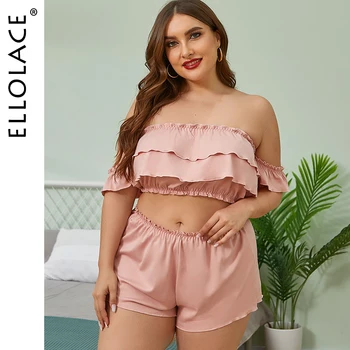 

Ellolace Plus Size Sleepwear Ruffles Off Shoulder Women's Pajamas 4XL Pajamas Set Women's Home Clothes Sexy Pink Home Suit
